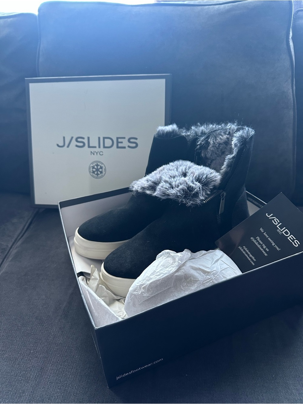 J/SLIDES Black Faux Fur High-Top Slip-On Boots with White Sole